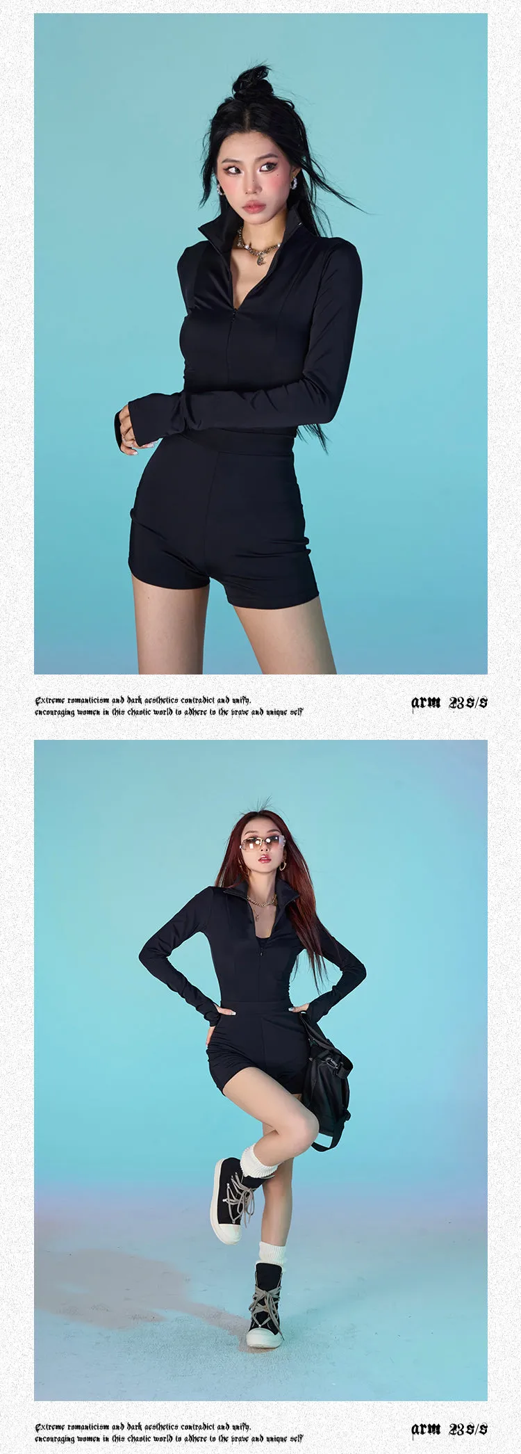 Alice Solid Color Black Jumpsuit Long Sleeve Slim Zip Up Top Slim Mini Short Set