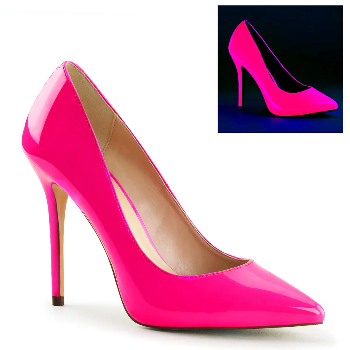 AMUSE-20 Pleaser Shoes Neon Pink Blacklight Reactive 80"s Pumps