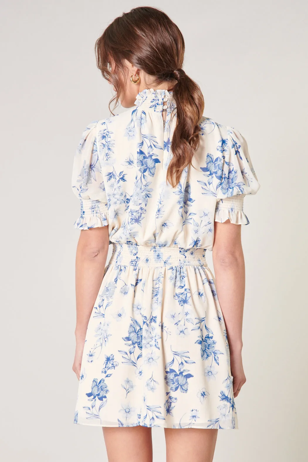 April Blue Floral Mock Neck Mini Dress