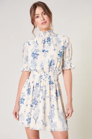 April Blue Floral Mock Neck Mini Dress