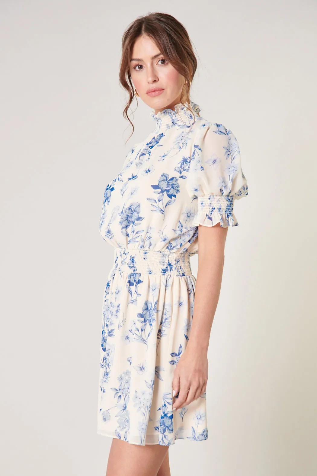 April Blue Floral Mock Neck Mini Dress