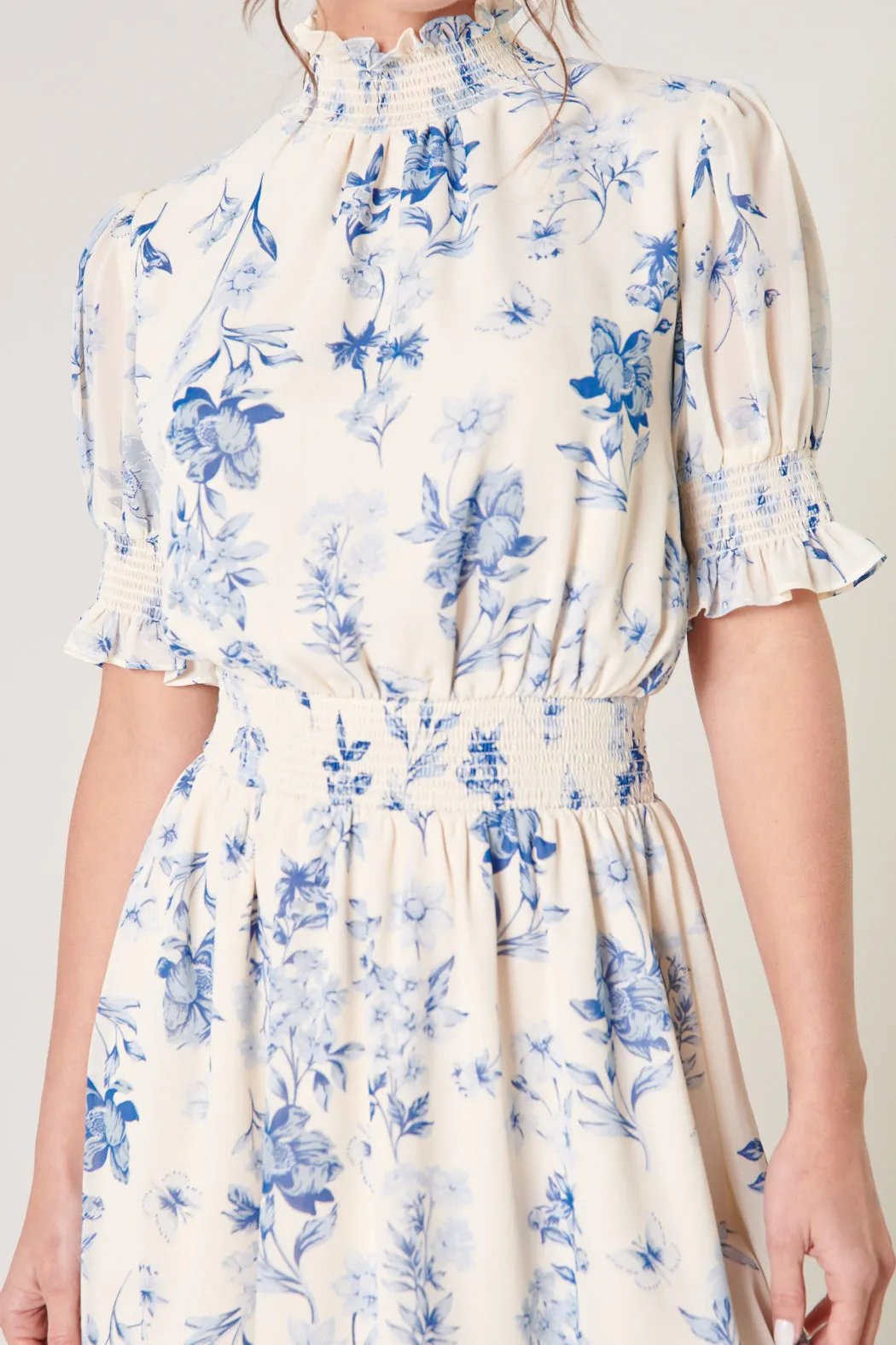 April Blue Floral Mock Neck Mini Dress