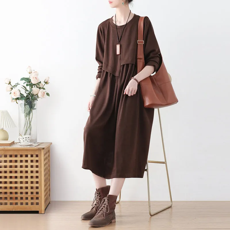 Autumn A-Line Cotton Solid Patchwork Dress