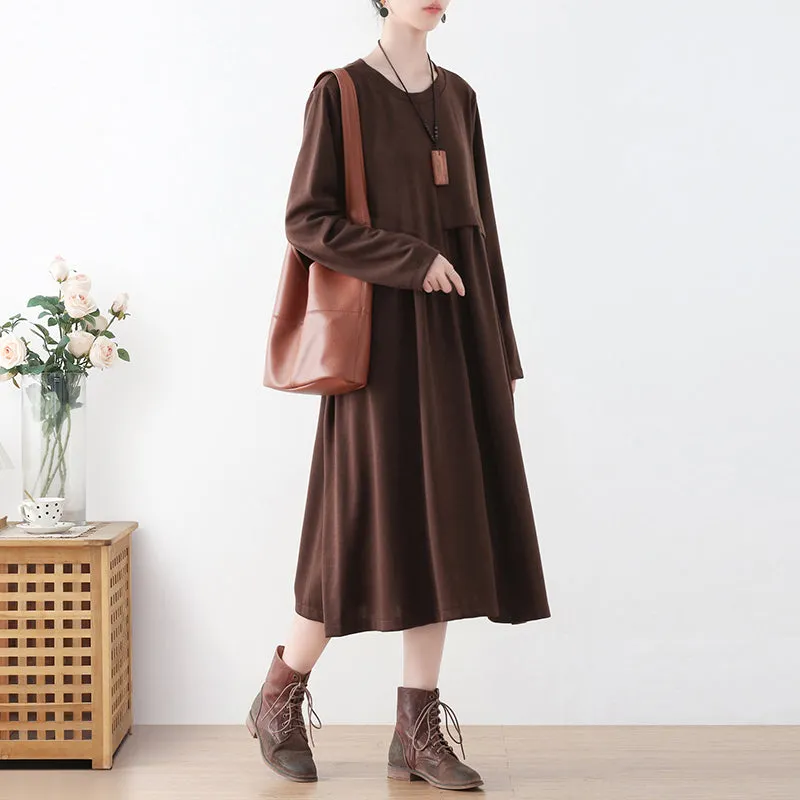 Autumn A-Line Cotton Solid Patchwork Dress