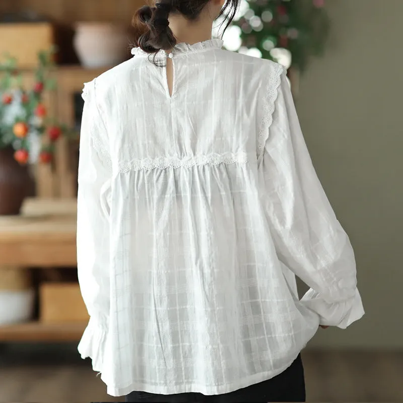 Autumn Pure Loose Ruffle Collar Cotton T-Shirt For Women