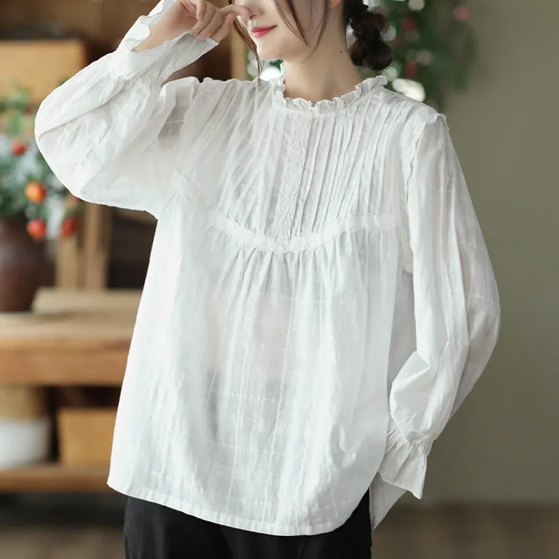 Autumn Pure Loose Ruffle Collar Cotton T-Shirt For Women