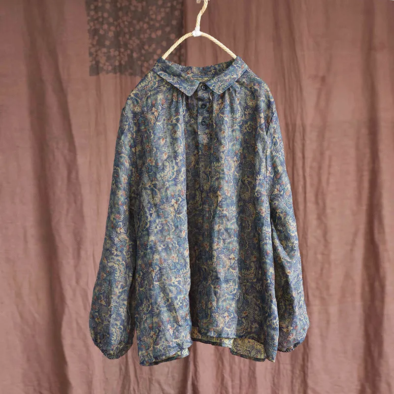 Autumn Retro FLoral Linen Loose Polo Blouse