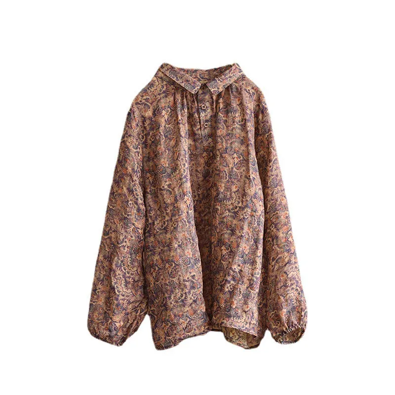 Autumn Retro FLoral Linen Loose Polo Blouse