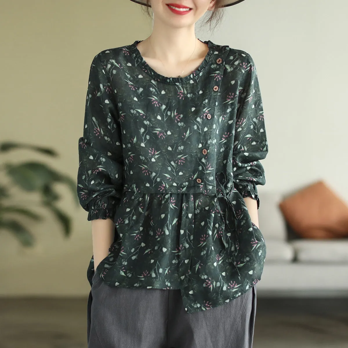 Autumn Retro Print Irregular Ruffle Linen T-shirt