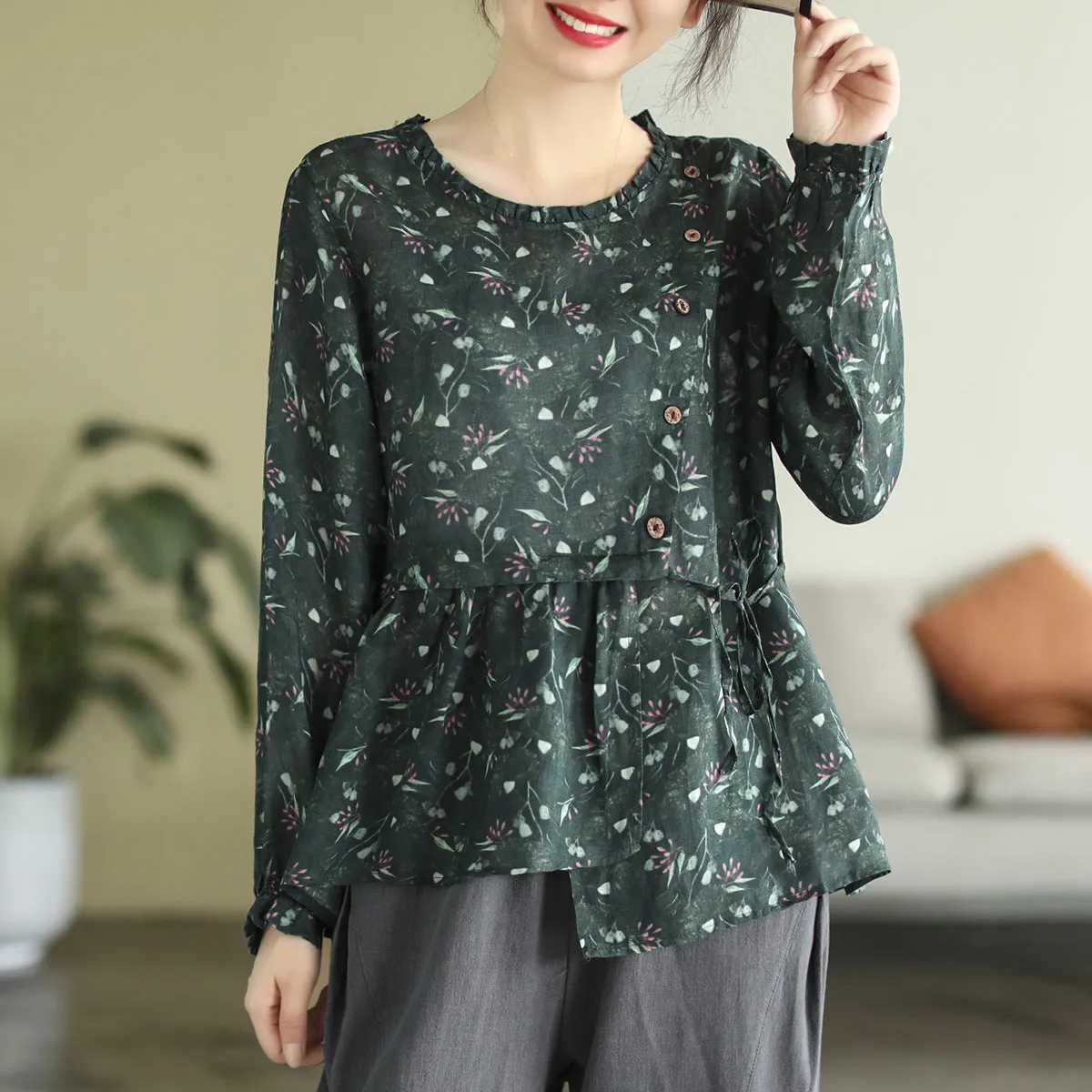 Autumn Retro Print Irregular Ruffle Linen T-shirt