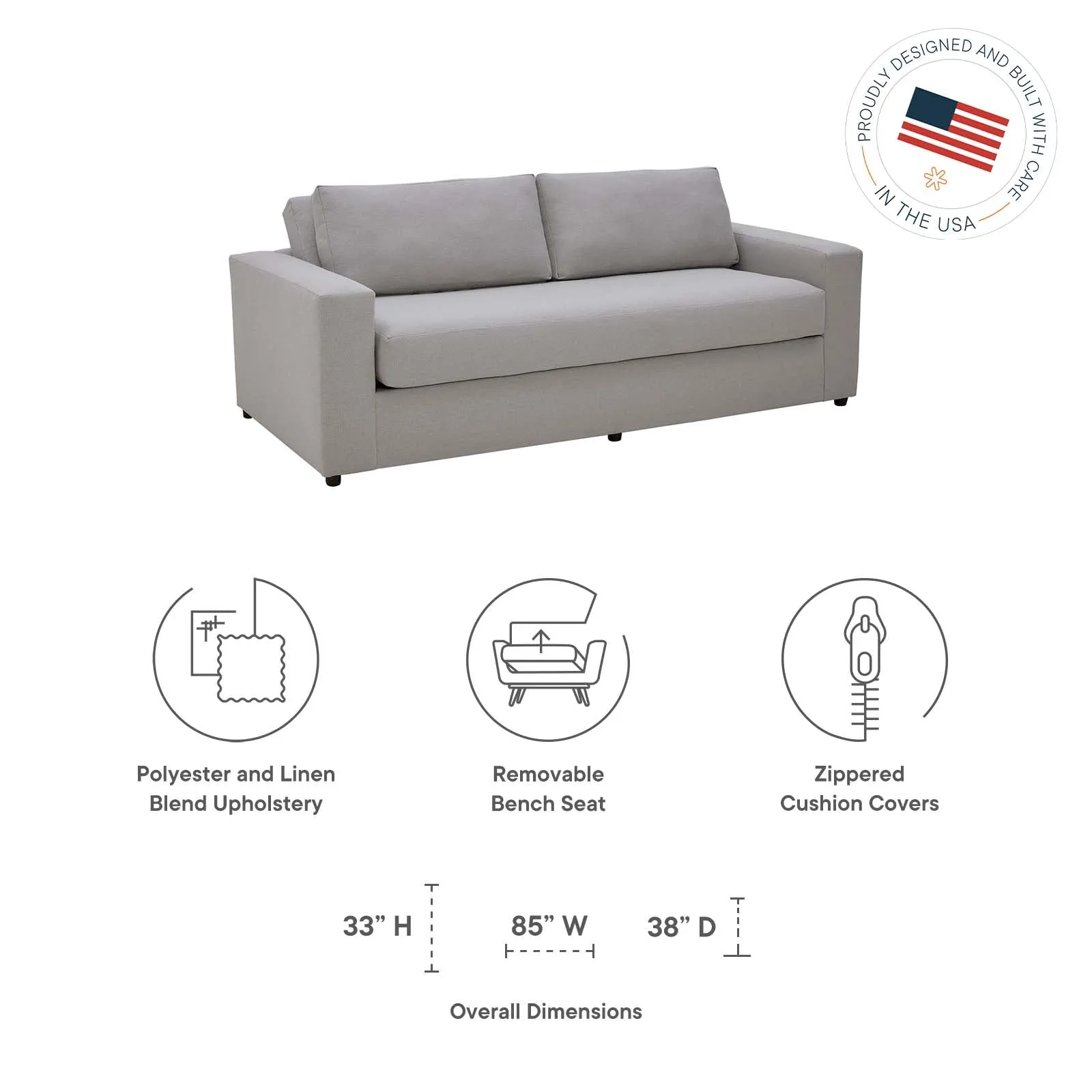 Avendale Linen Blend Sofa – Made in the USA With Bench Seat Cushion by Modway