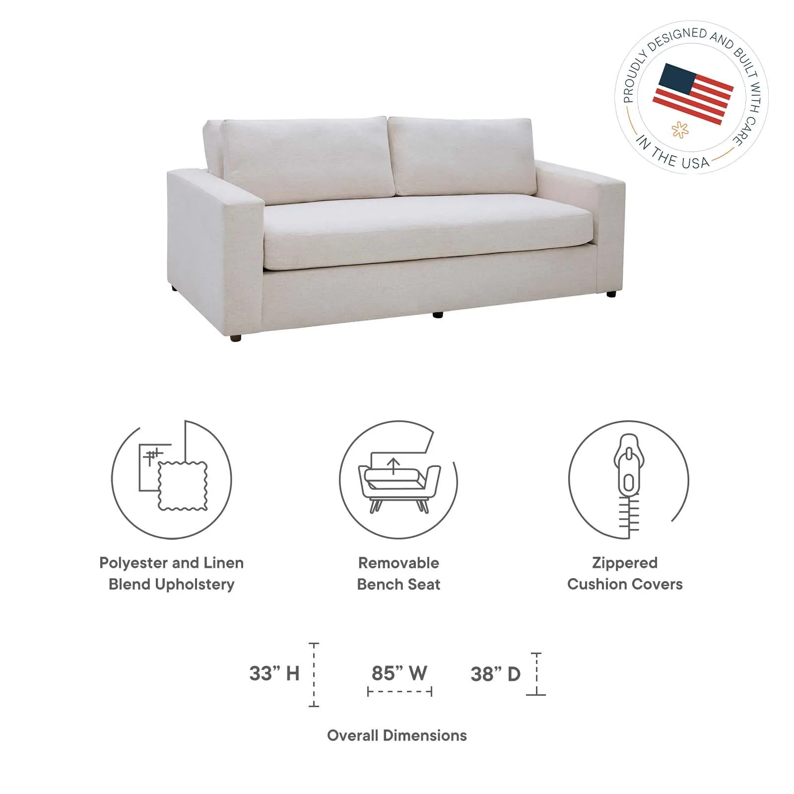 Avendale Linen Blend Sofa – Made in the USA With Bench Seat Cushion by Modway