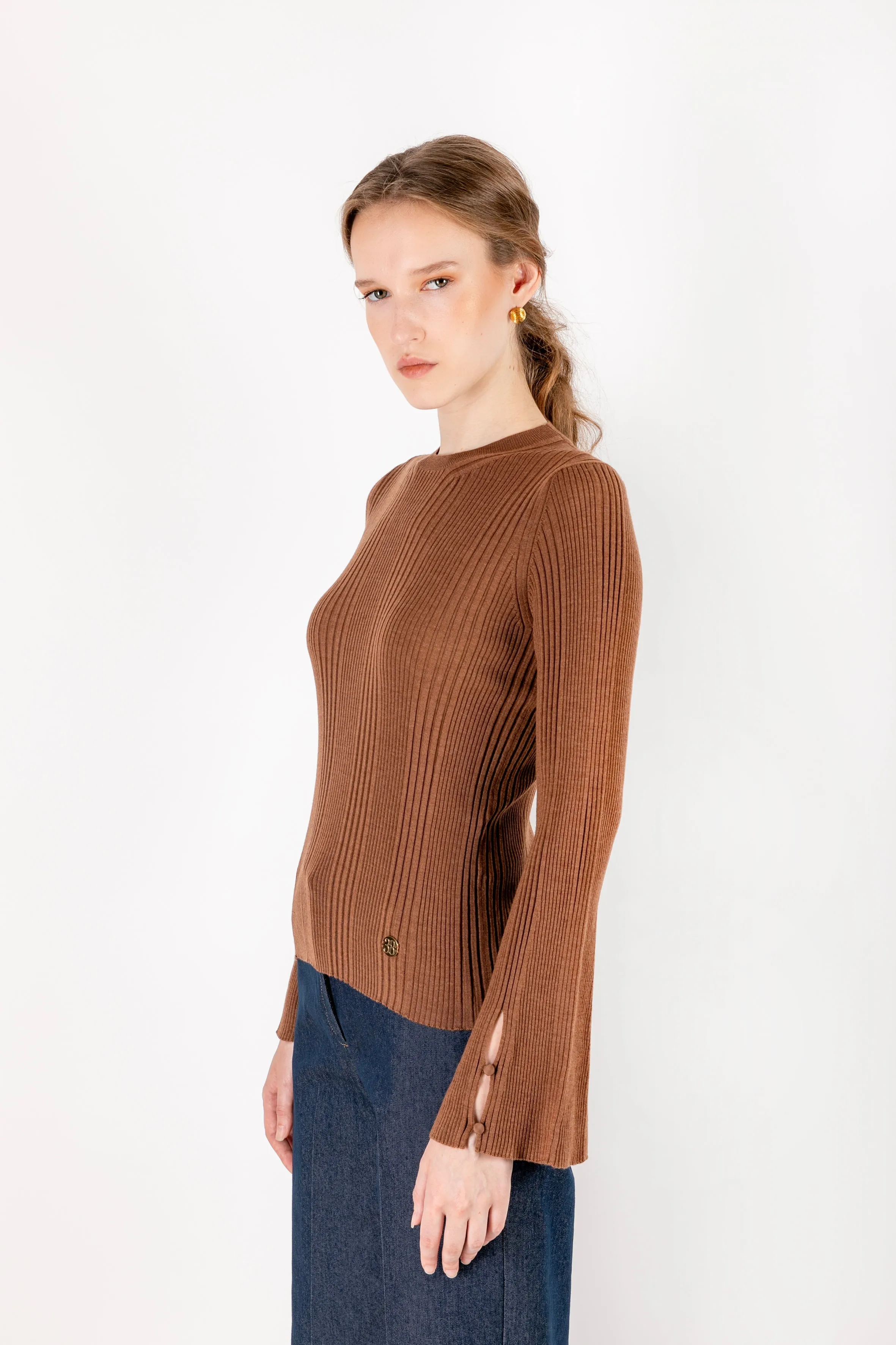 Ayla - 100% Wool Brown Sweater with Camisole Detail