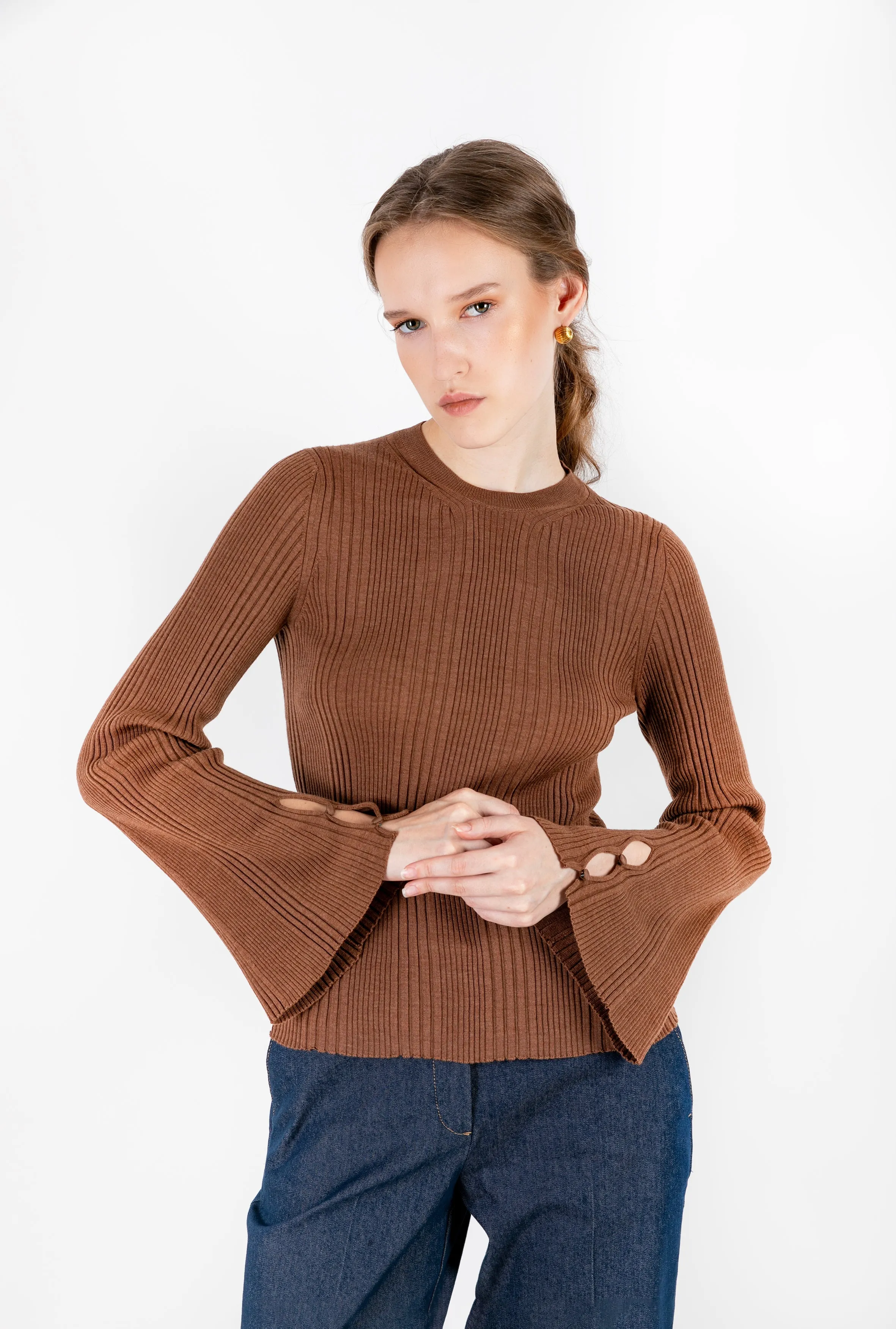 Ayla - 100% Wool Brown Sweater with Camisole Detail