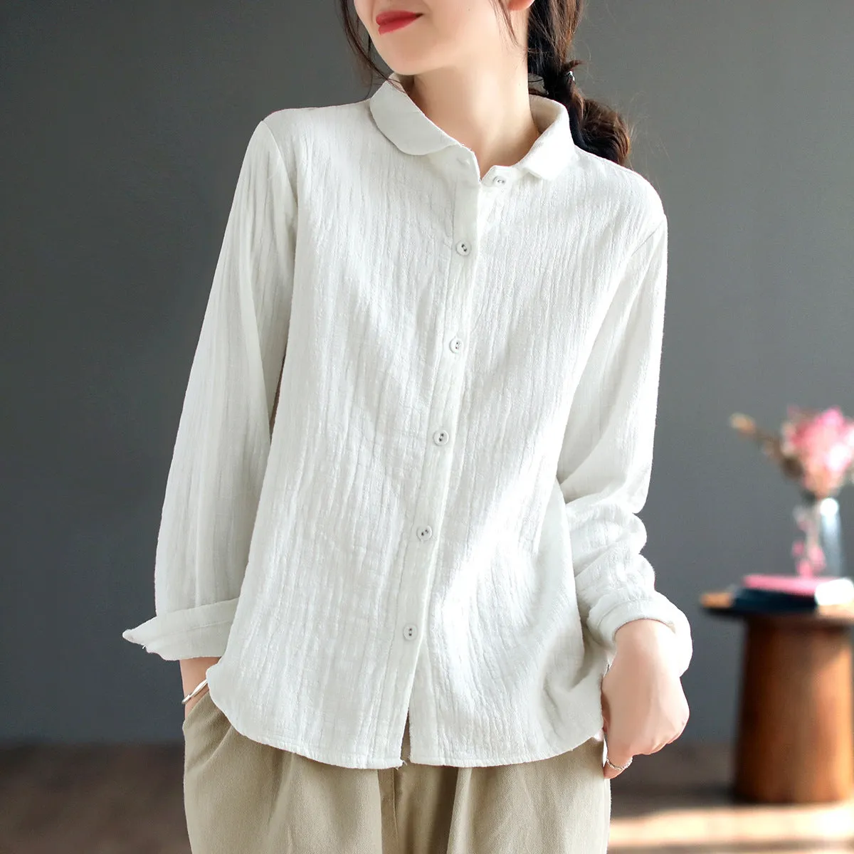 Babakud Women Retro Cotton Pleated Autumn Blouse