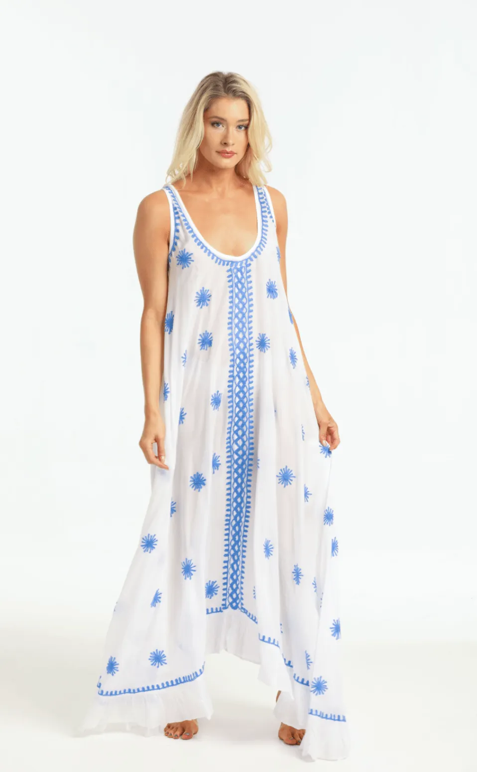 Beatrice Maxi Dress in White & Blue