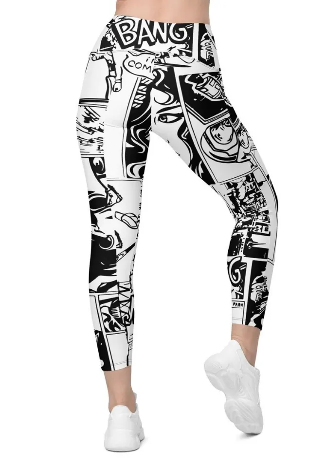 Black & White Comic Book Crossover Leggings With Pockets