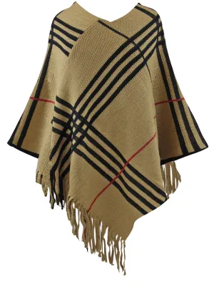 Classic Plaid Print Knit Poncho With Fringe