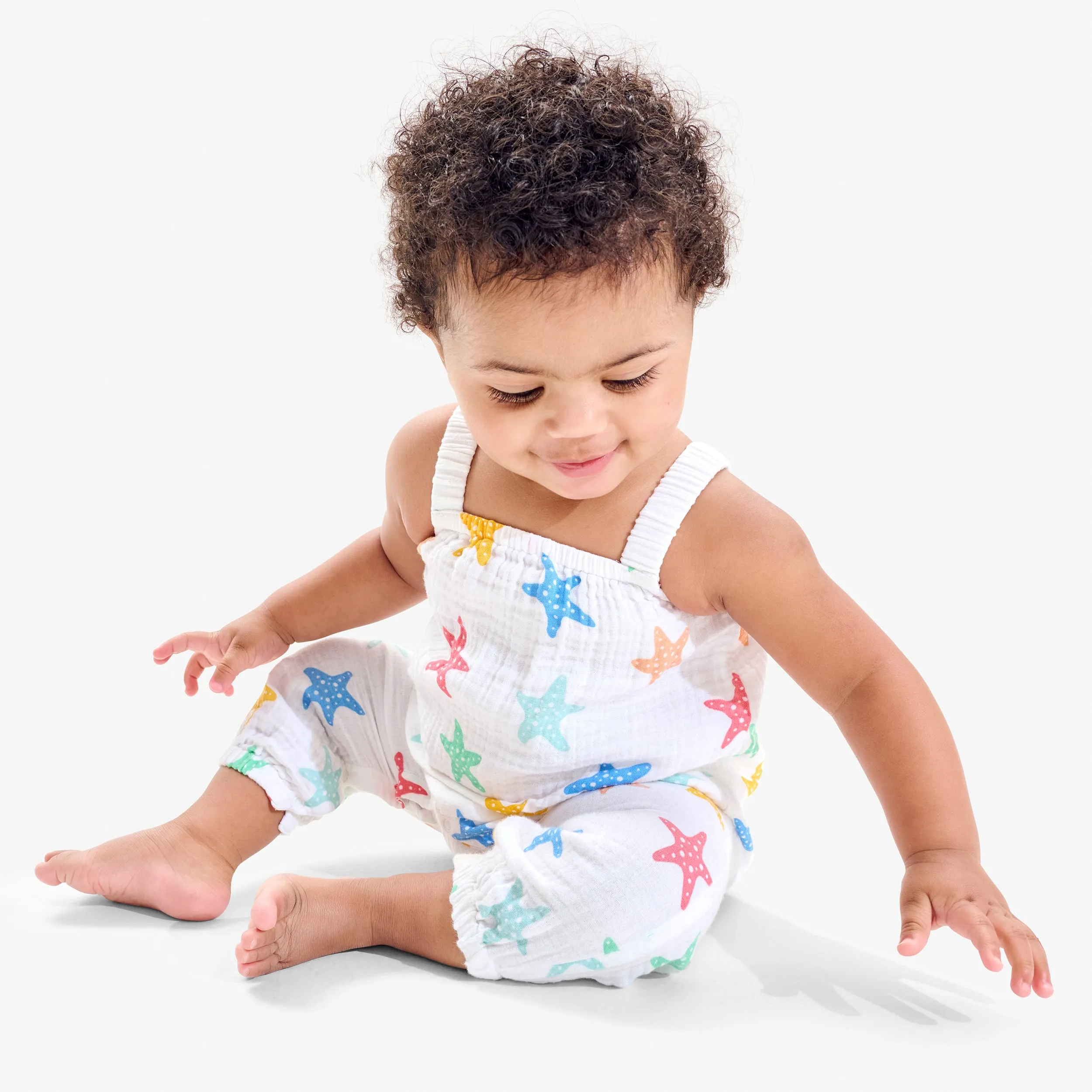 Clearance baby cotton gauze tank romper in rainbow starfish