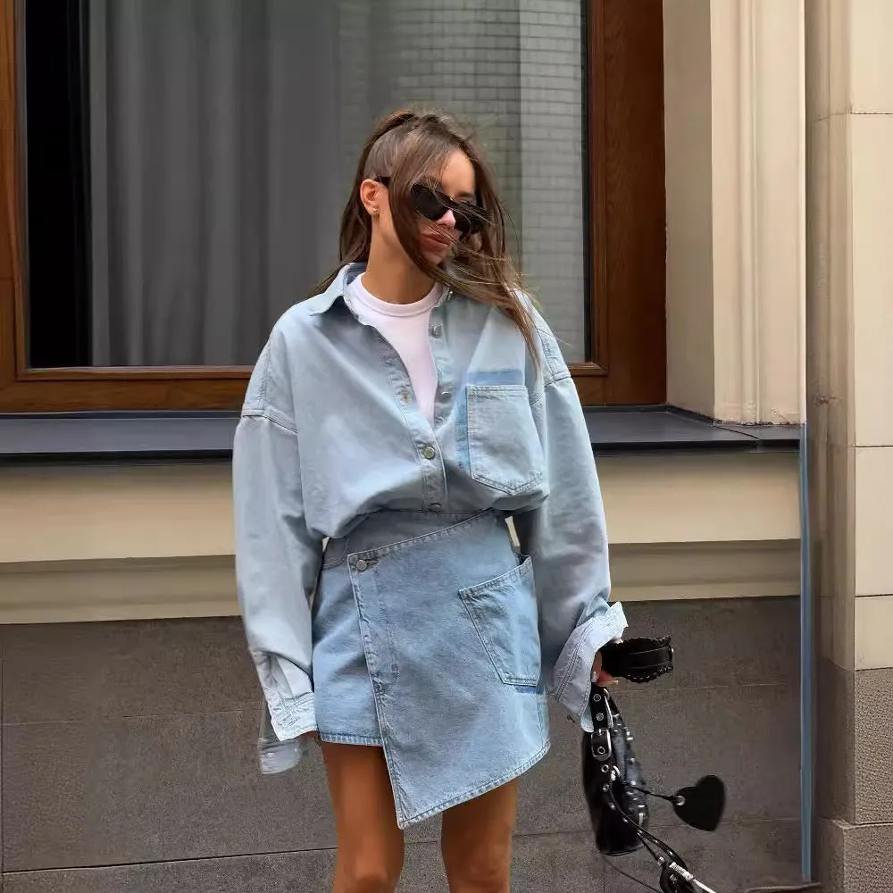 Color-Block Denim Oversized Shirt Skirt Two-Piece Suit