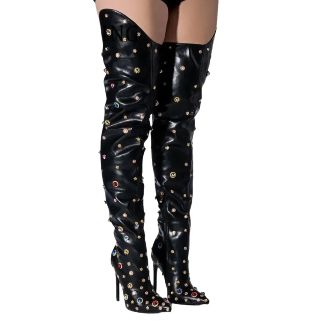 Colorful Rhinestone Thigh High Boots