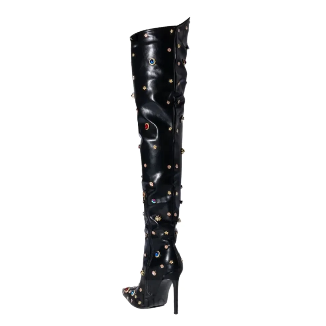 Colorful Rhinestone Thigh High Boots