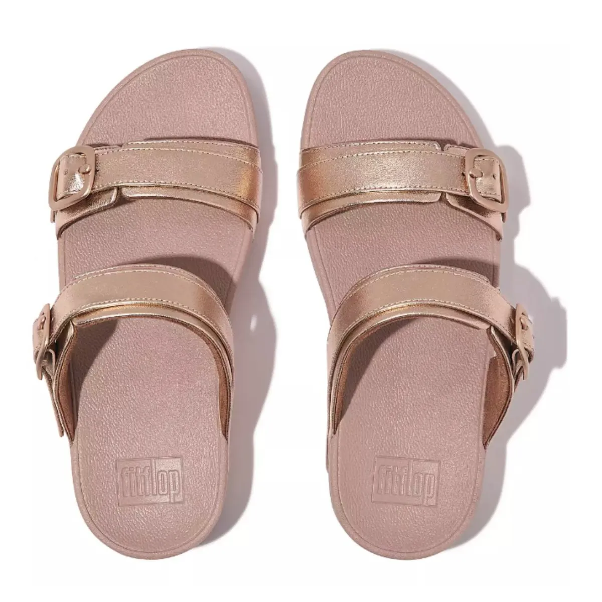 FitFlop Women's Lulu Adjustable-Buckle Metallic-Leather Rose Gold Slide