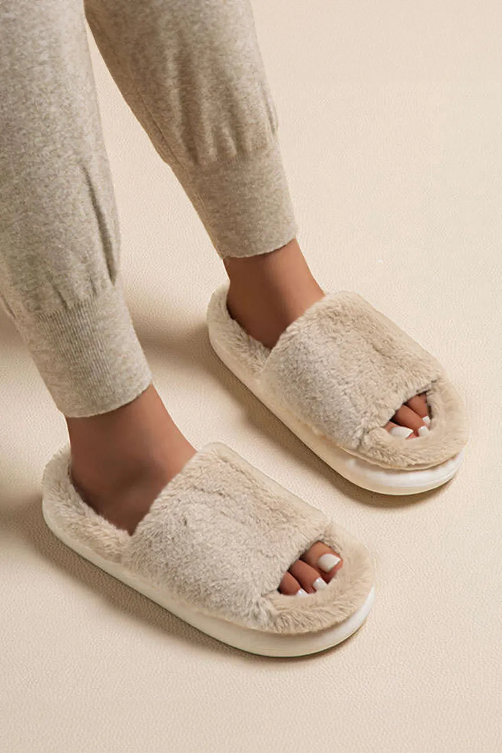 Furry Open Toe Thick Sole Slippers