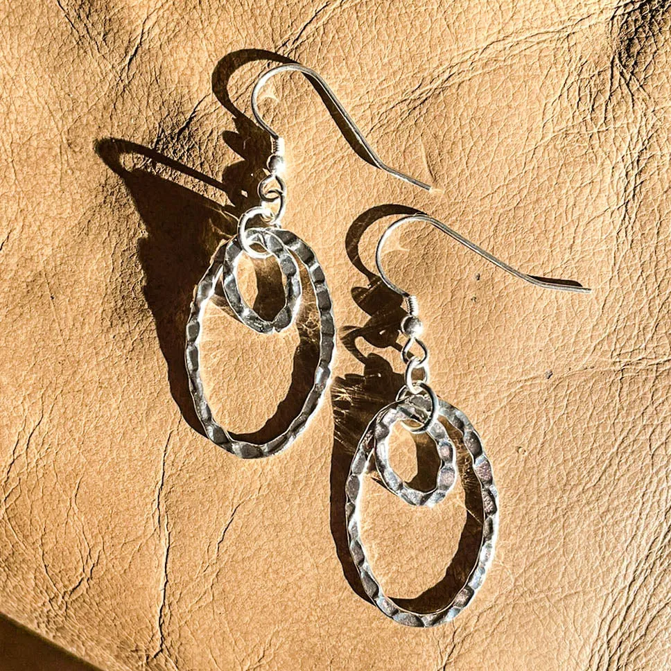 Hammered Silver Double Oval Hoop Earrings #124