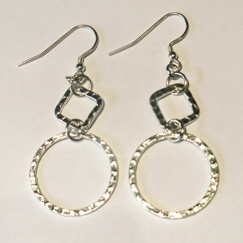 Hammered Silver Hoop & Square Earrings