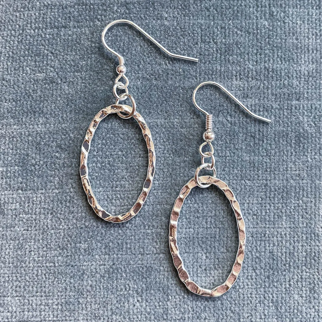 Hammered Silver Oval Hoop Earrings #122