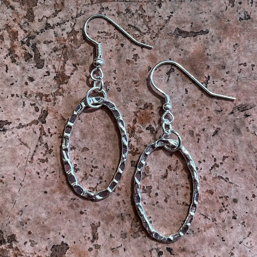 Hammered Silver Oval Hoop Earrings #122