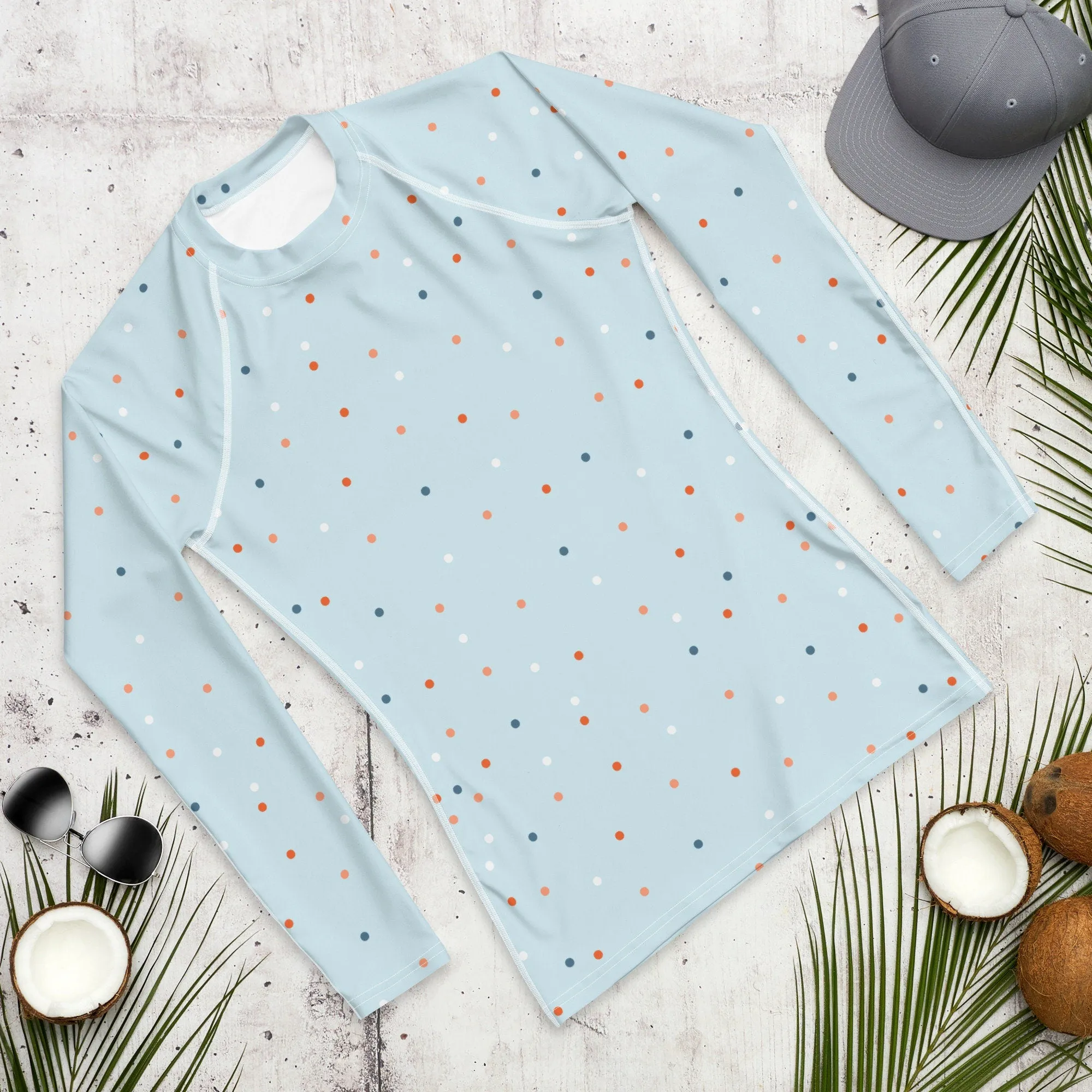 Light Blue and Orange Polka Dot Men's Long Sleeve Rash Guard