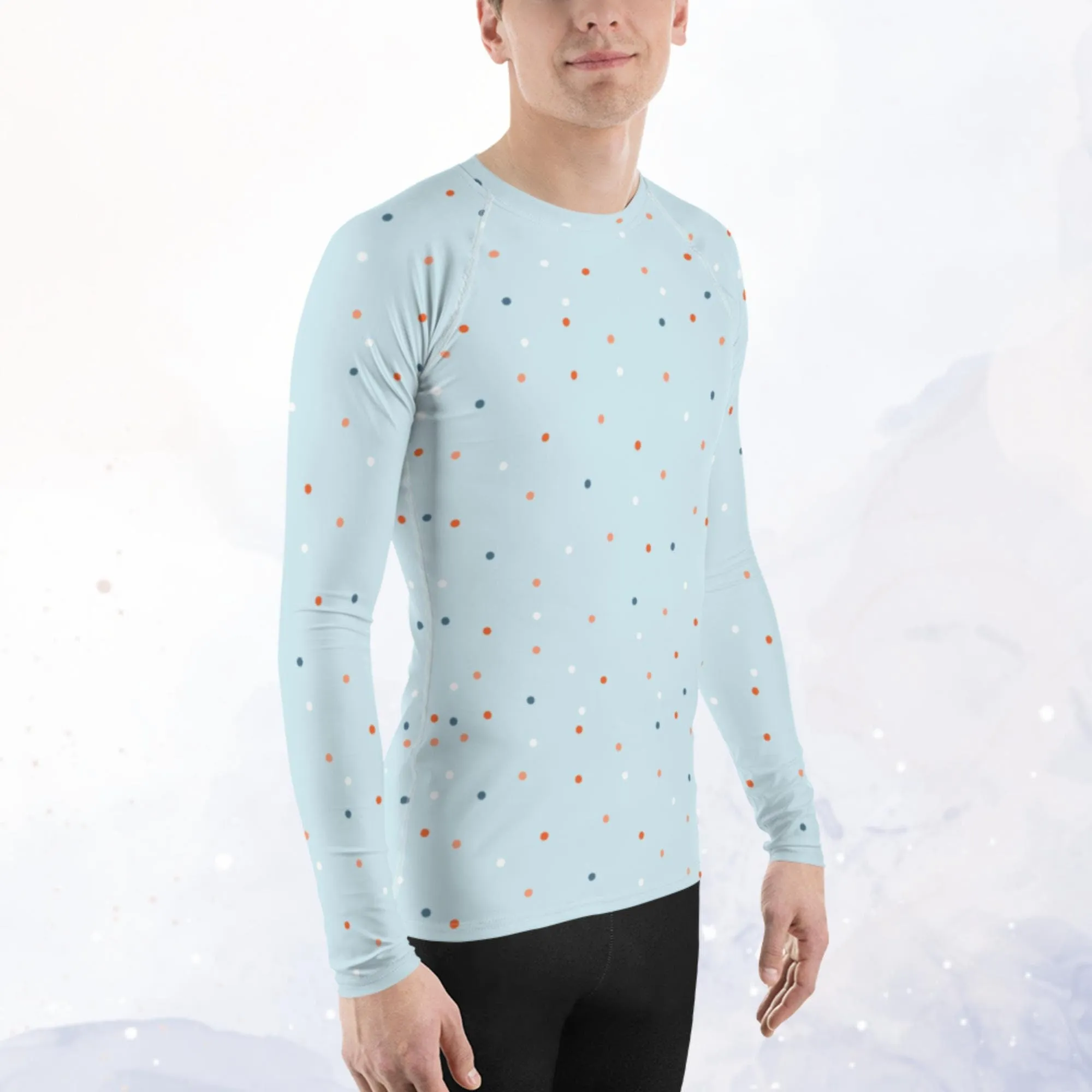 Light Blue and Orange Polka Dot Men's Long Sleeve Rash Guard