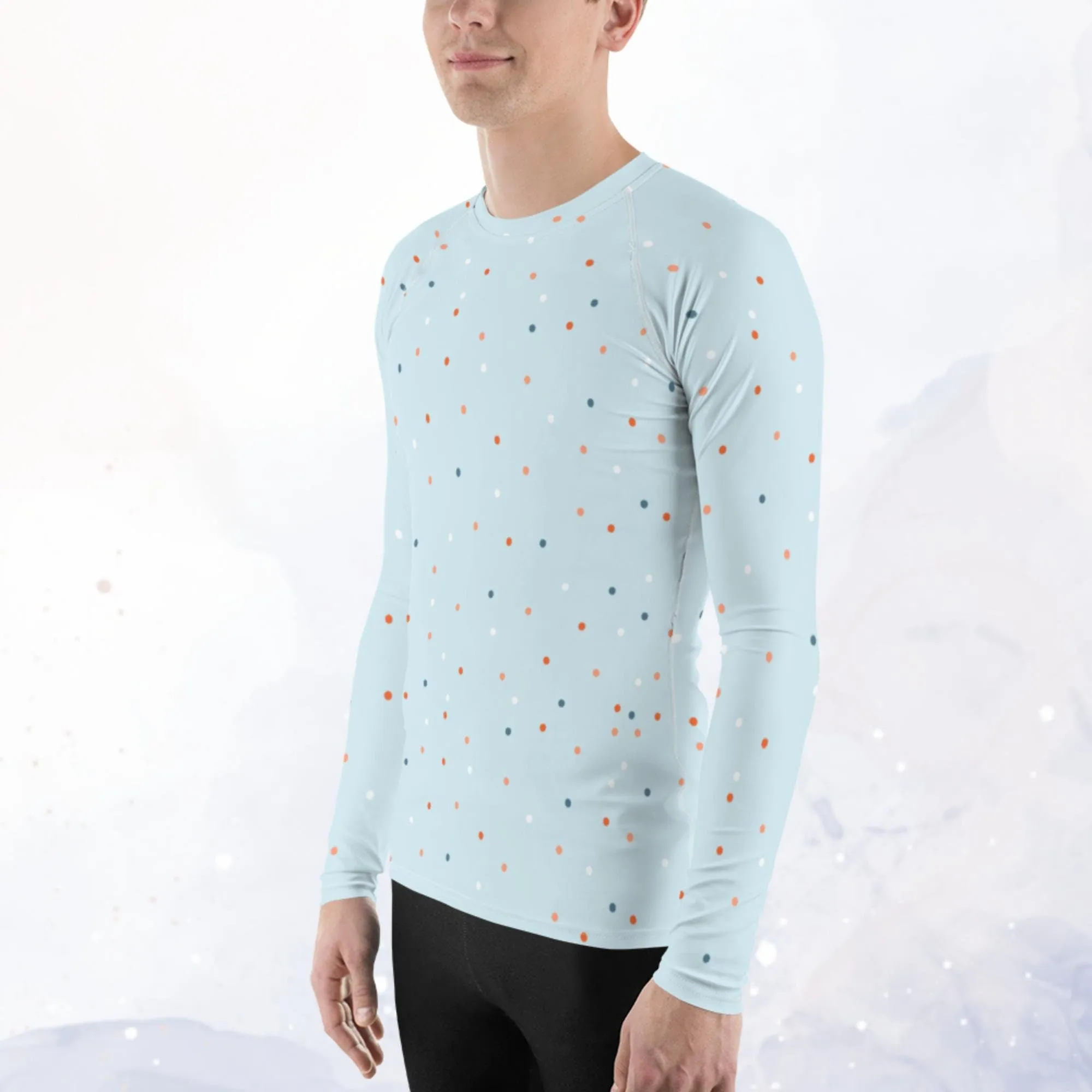 Light Blue and Orange Polka Dot Men's Long Sleeve Rash Guard