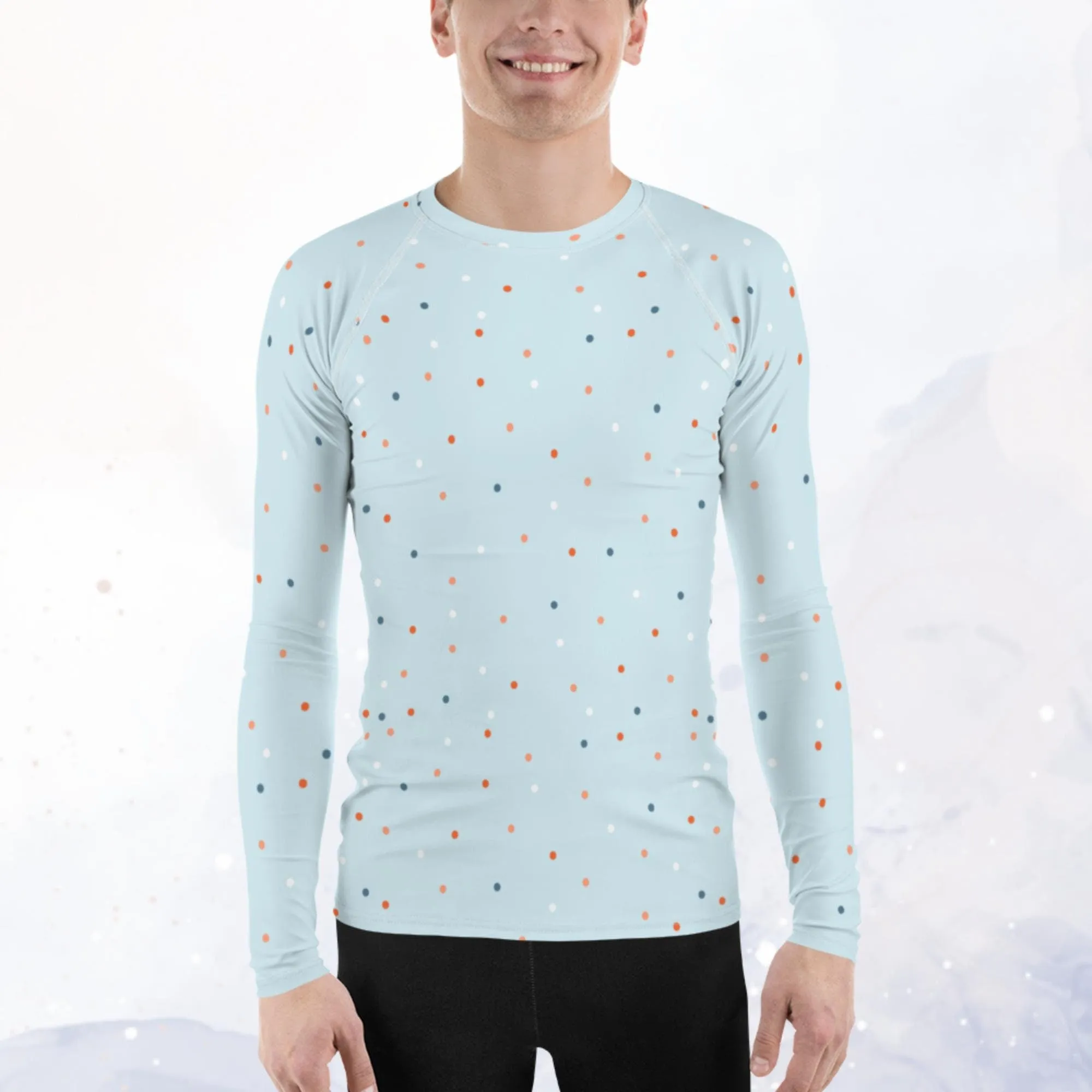 Light Blue and Orange Polka Dot Men's Long Sleeve Rash Guard