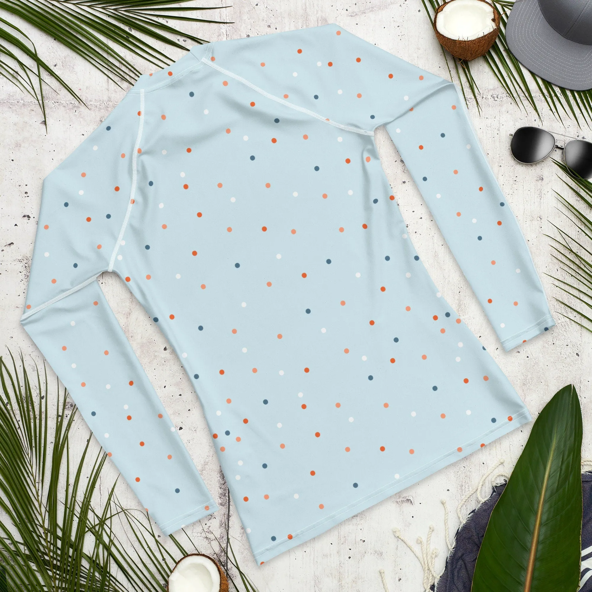 Light Blue and Orange Polka Dot Men's Long Sleeve Rash Guard