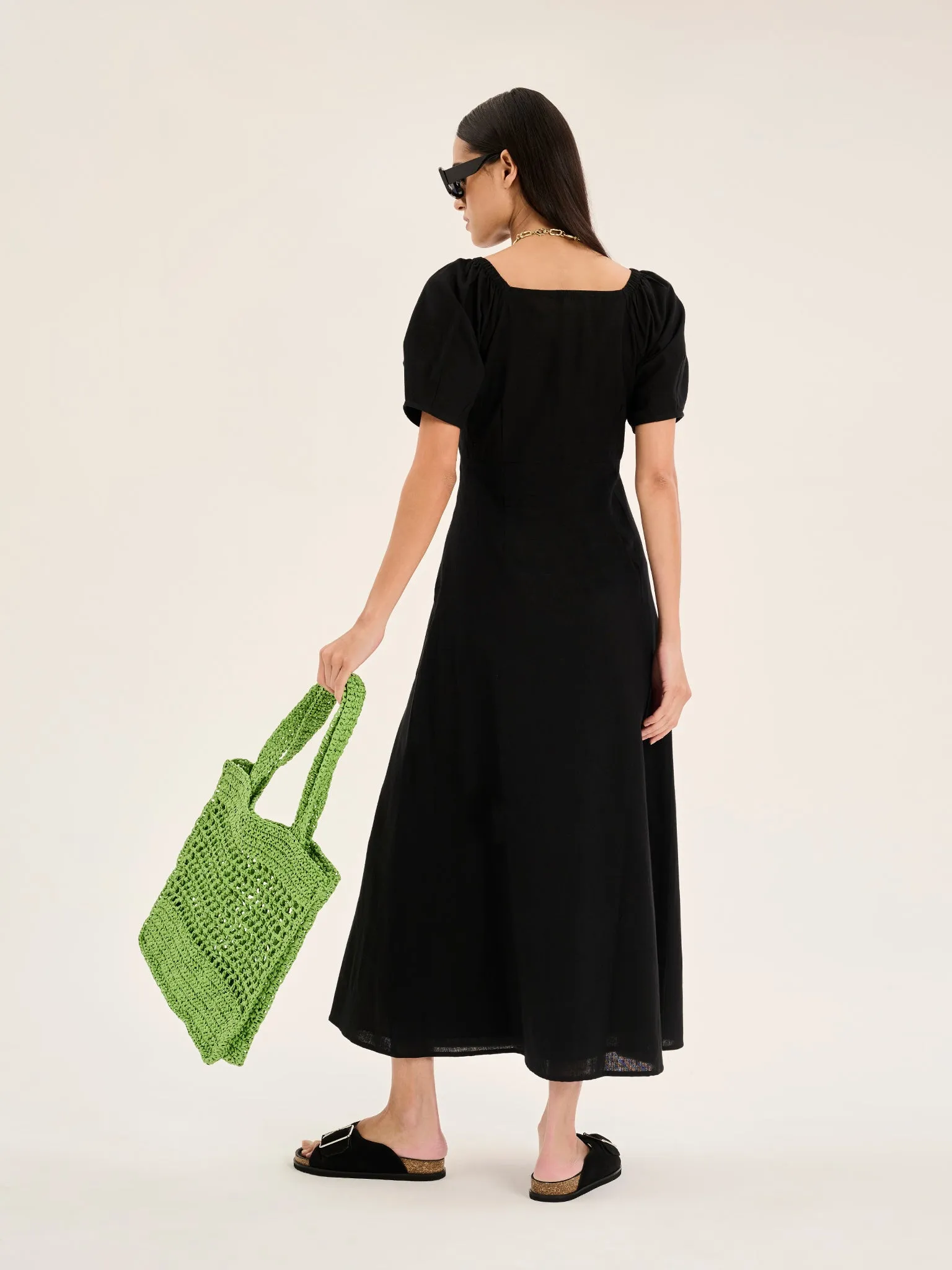 London Linen Bow Detail Midi Dress in Black