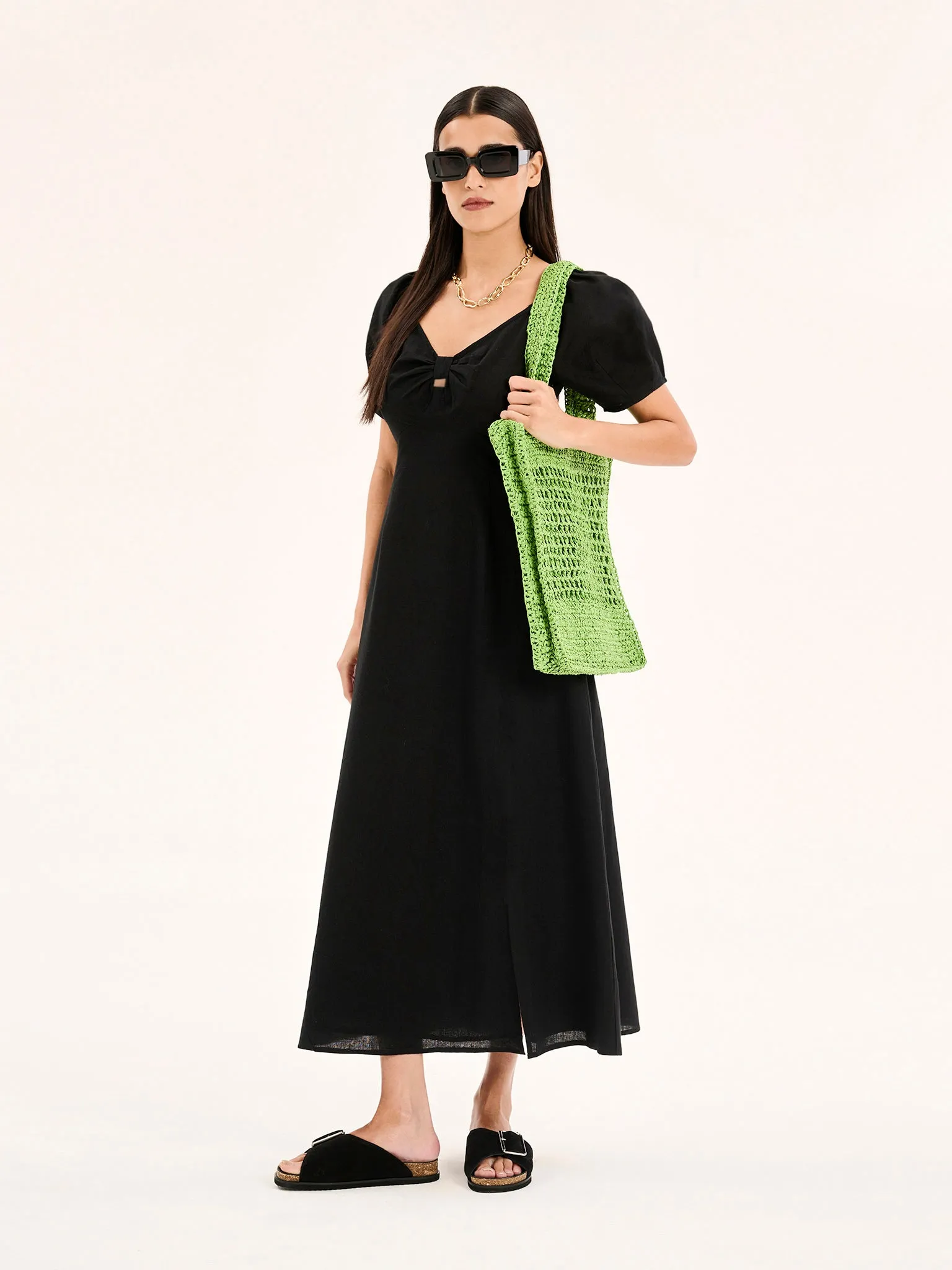 London Linen Bow Detail Midi Dress in Black