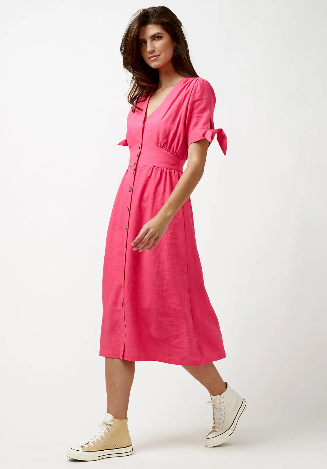 Mariposa Women's Buttoned Linen Dress in Fuchsia - WD0670P