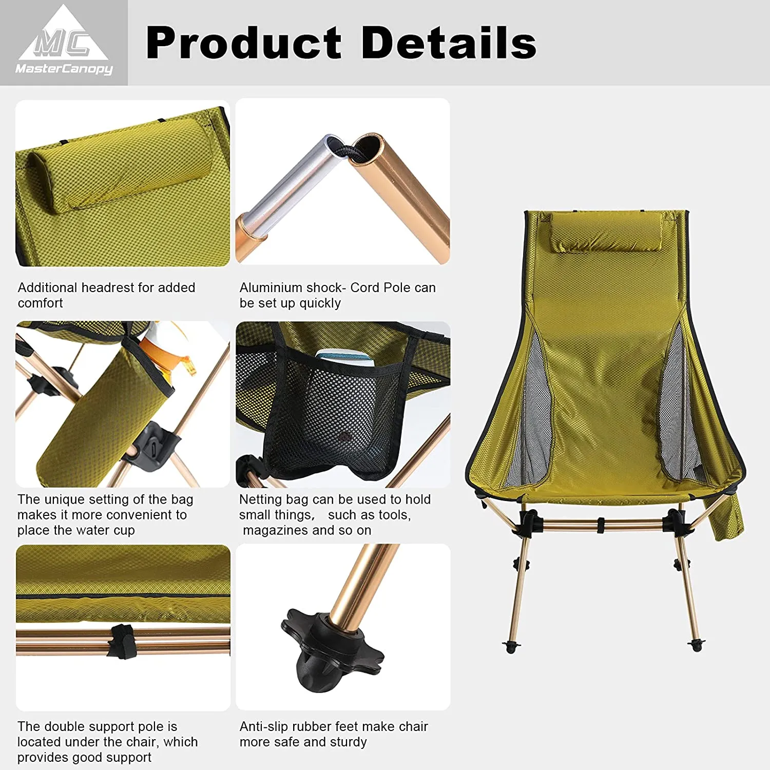 MASTERCANOPY Portable Folding Camping Chair with High Backrest and Carrying Bag