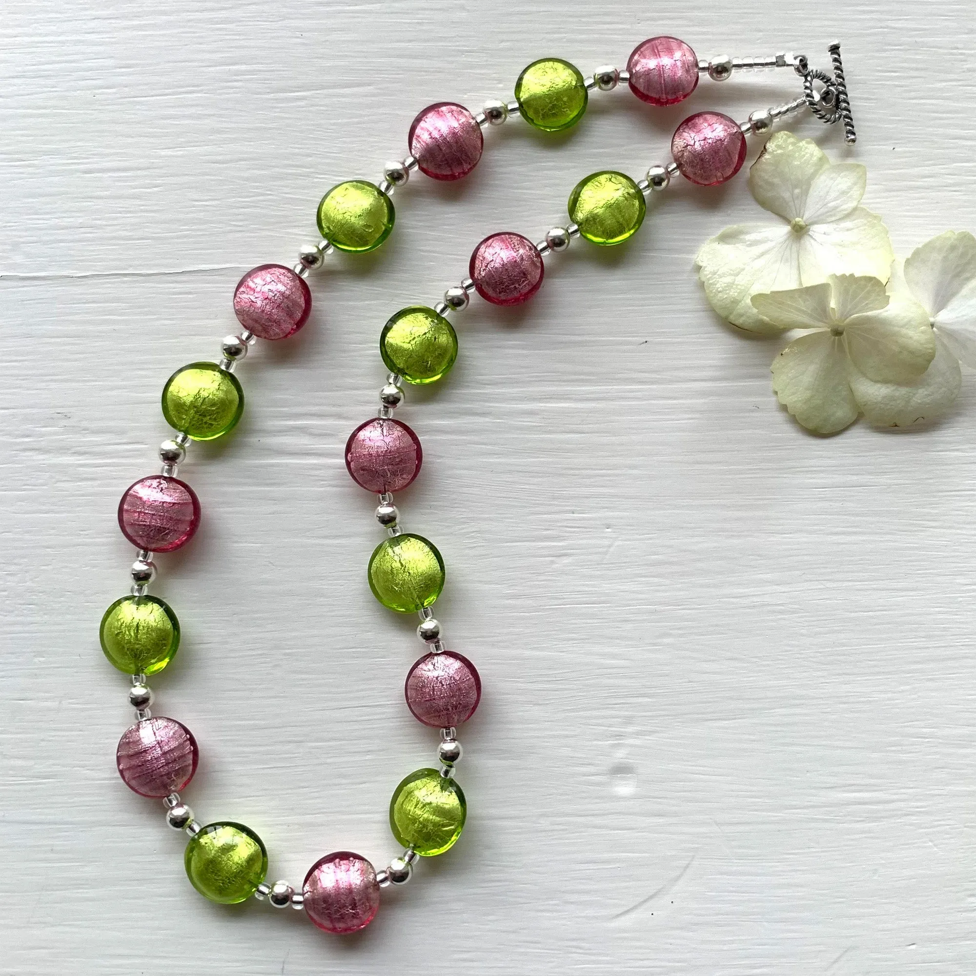 Necklace with rose pink and light green Murano glass small lentil beads on silver