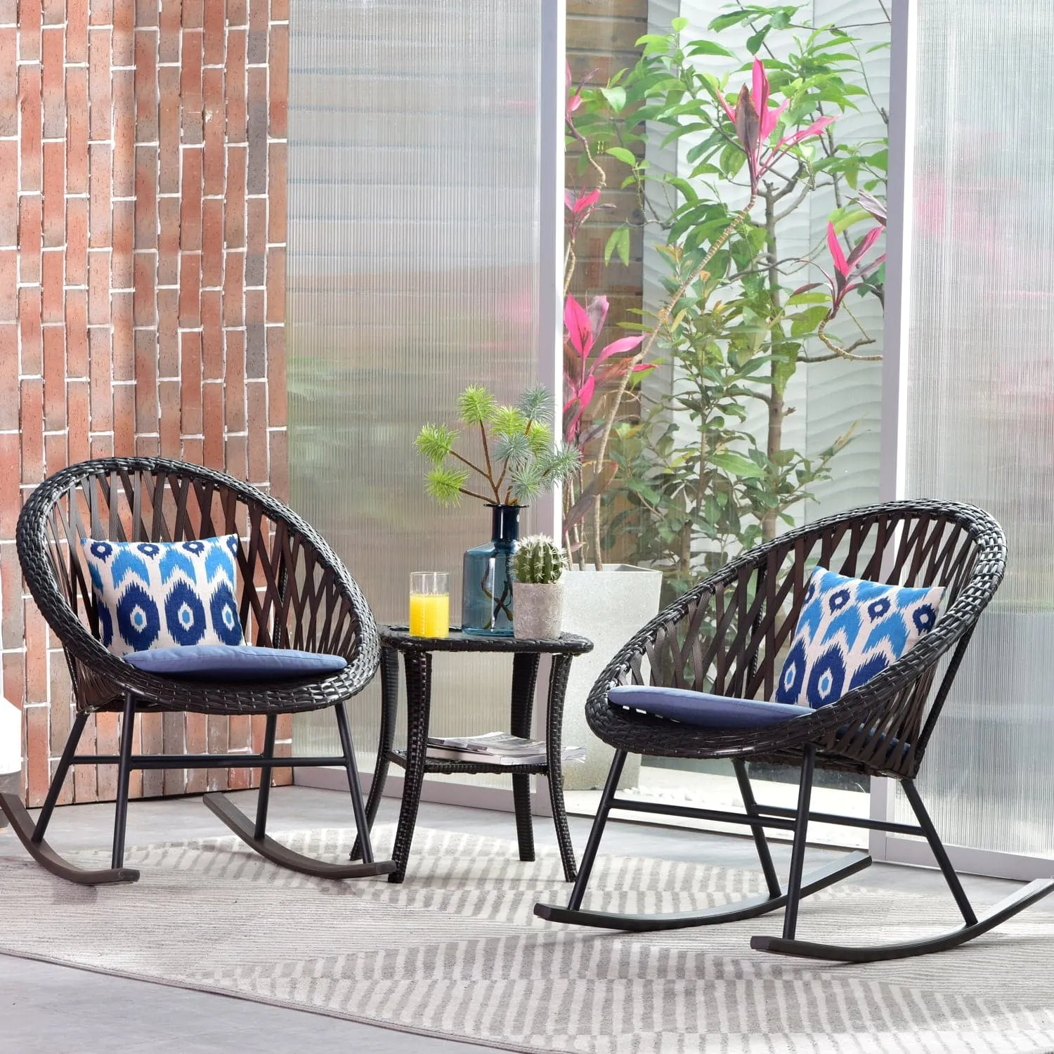 Ovios Patio 2 Pieces Outdoor Rocking Swivel Chairs with Glass Coffee Table