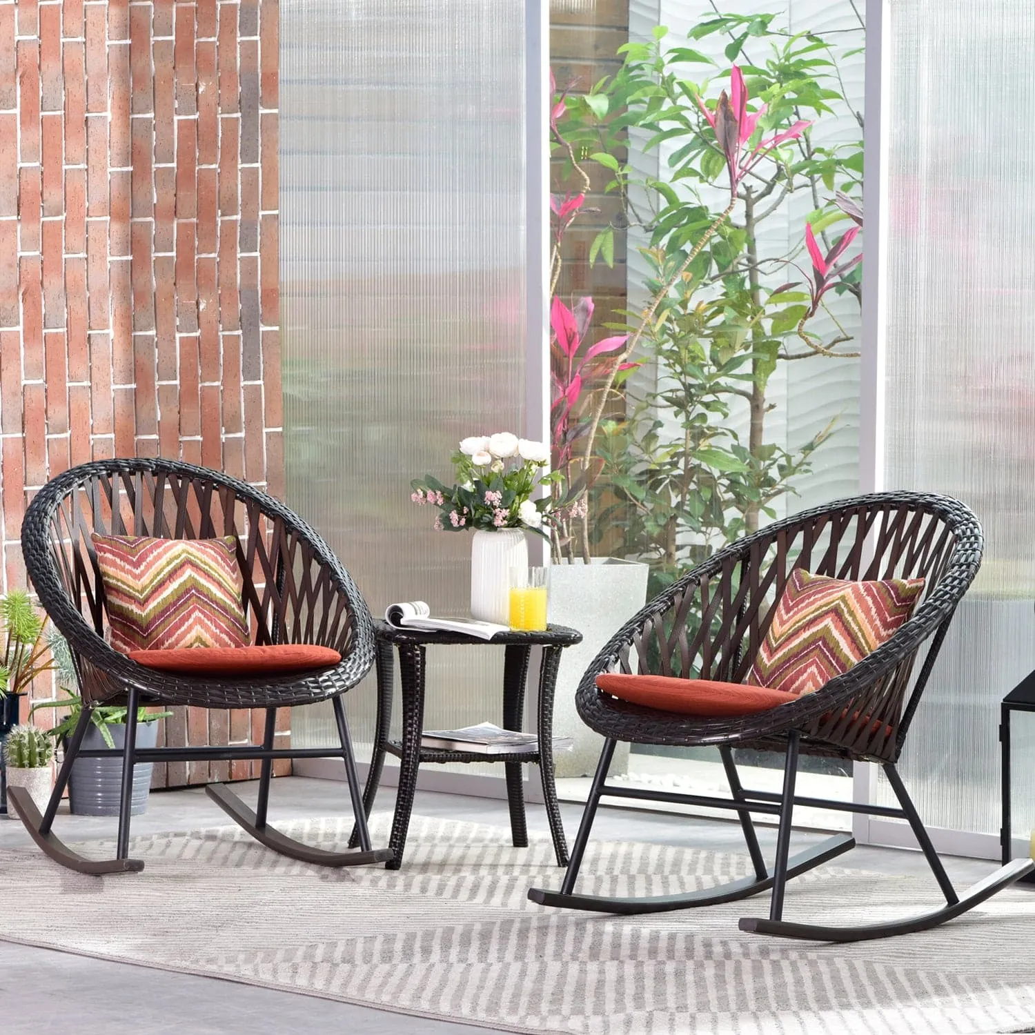 Ovios Patio 2 Pieces Outdoor Rocking Swivel Chairs with Glass Coffee Table