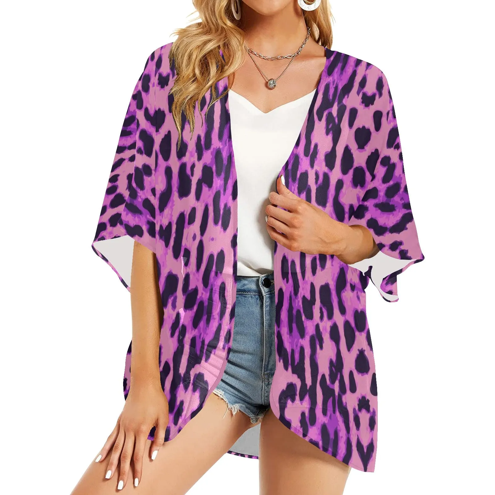 Purple Cheetah Women's Chiffon Kimono)