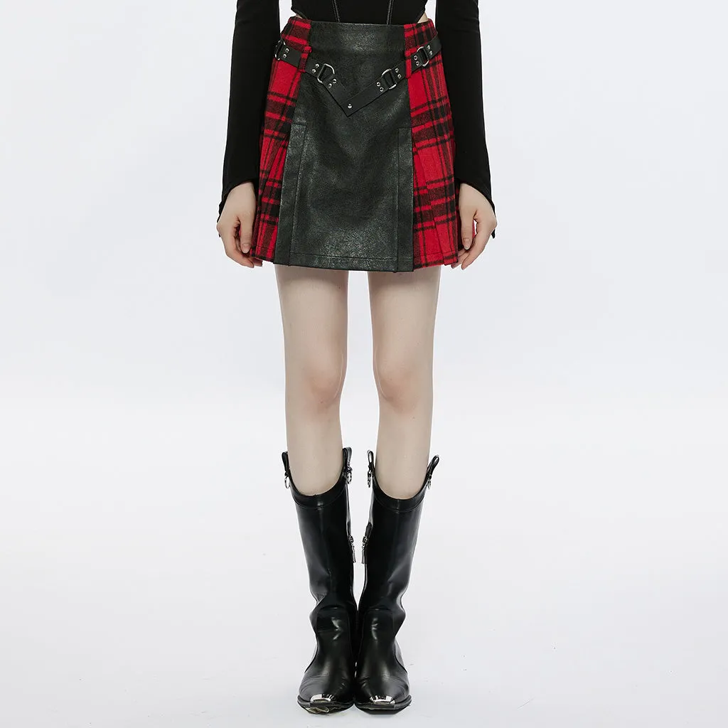 Rigid Cracked Fine Faux Leather Comfortable And Warm Plaid Splicing Skirt