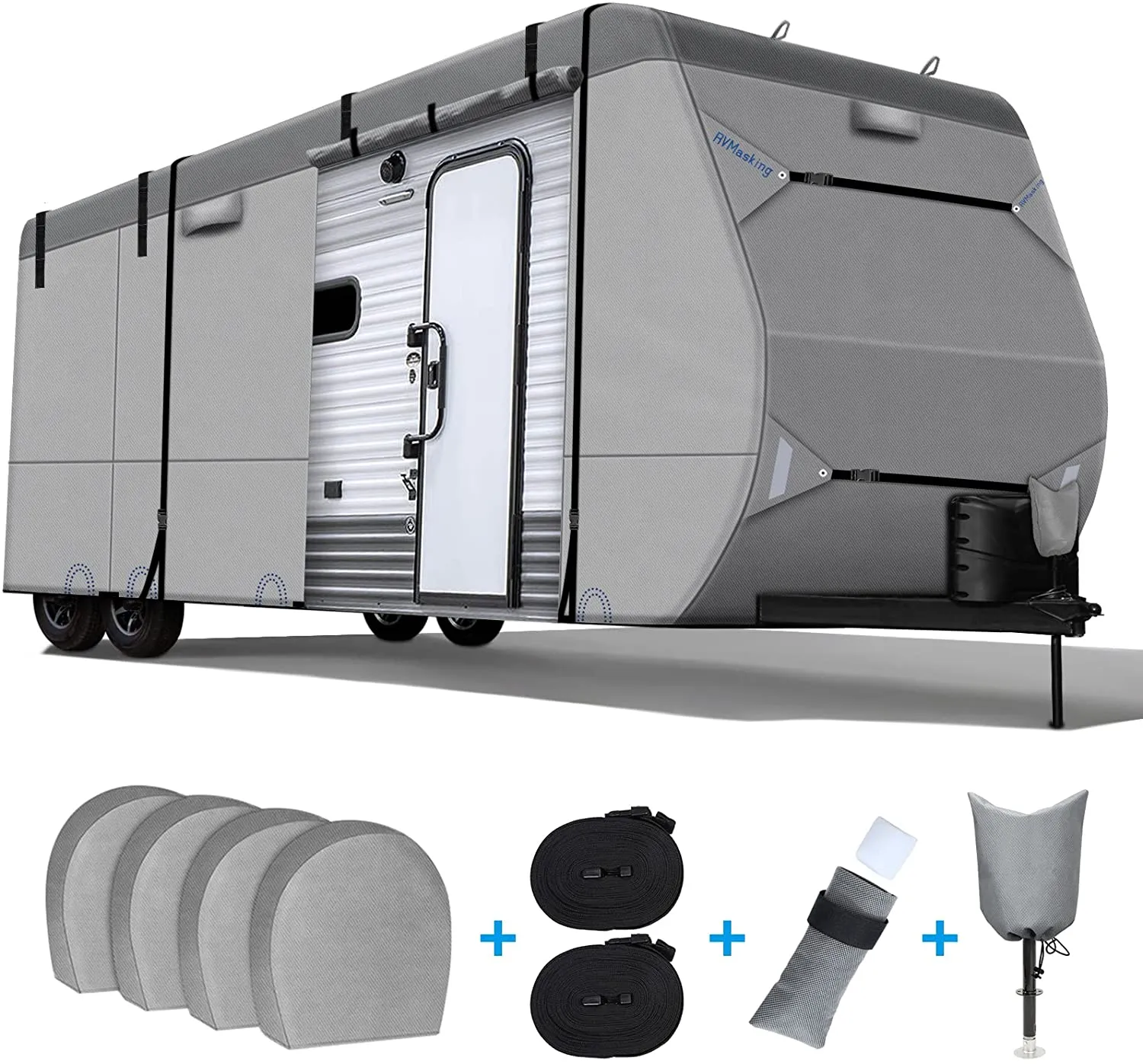 Rvmasking Heavy Duty 6 Layers Top RV Cover Travel Trailer Cover Windproof Camper Cover Fits 26' 1"-28' 6" RV Trailer - Anti-Uv Prevent Top Tearing Caused by Sun Exposure