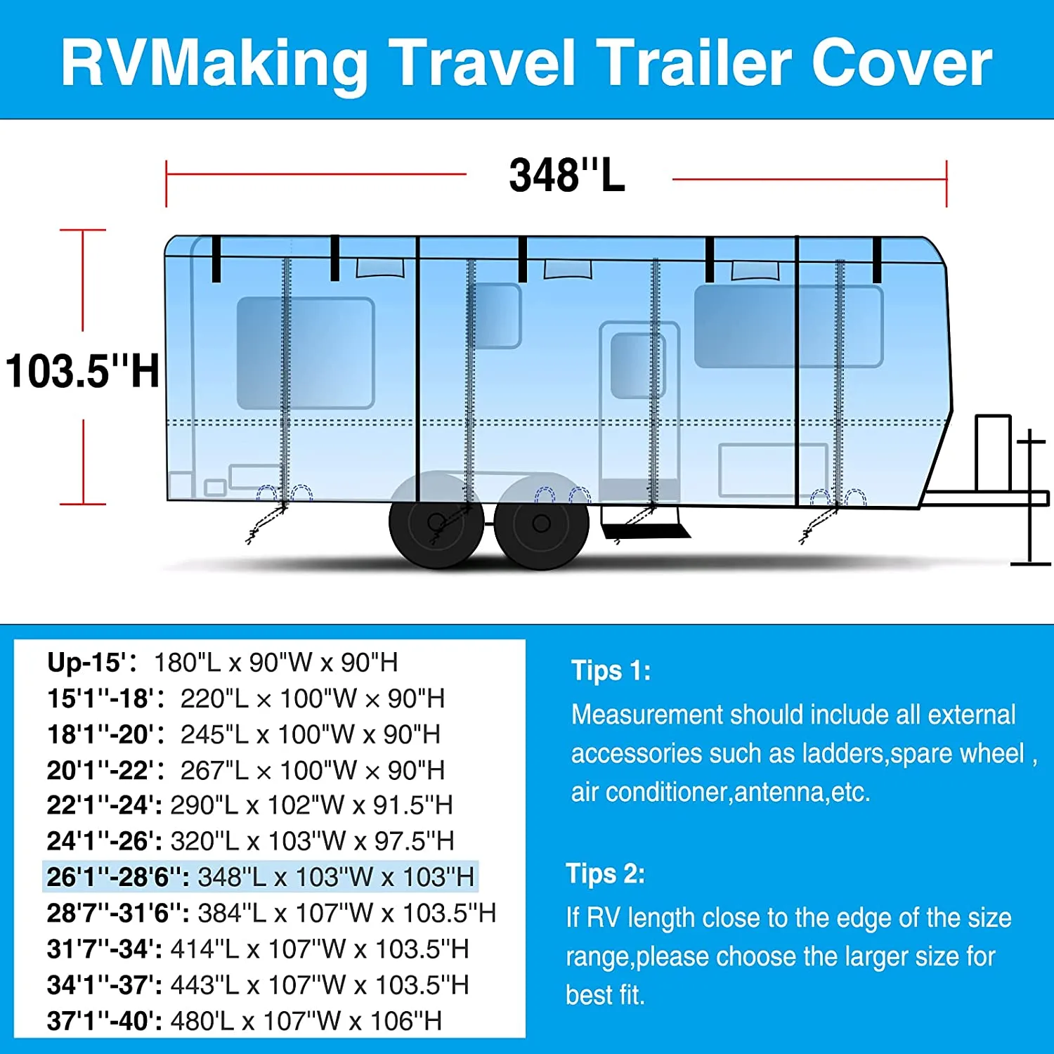 Rvmasking Heavy Duty 6 Layers Top RV Cover Travel Trailer Cover Windproof Camper Cover Fits 26' 1"-28' 6" RV Trailer - Anti-Uv Prevent Top Tearing Caused by Sun Exposure