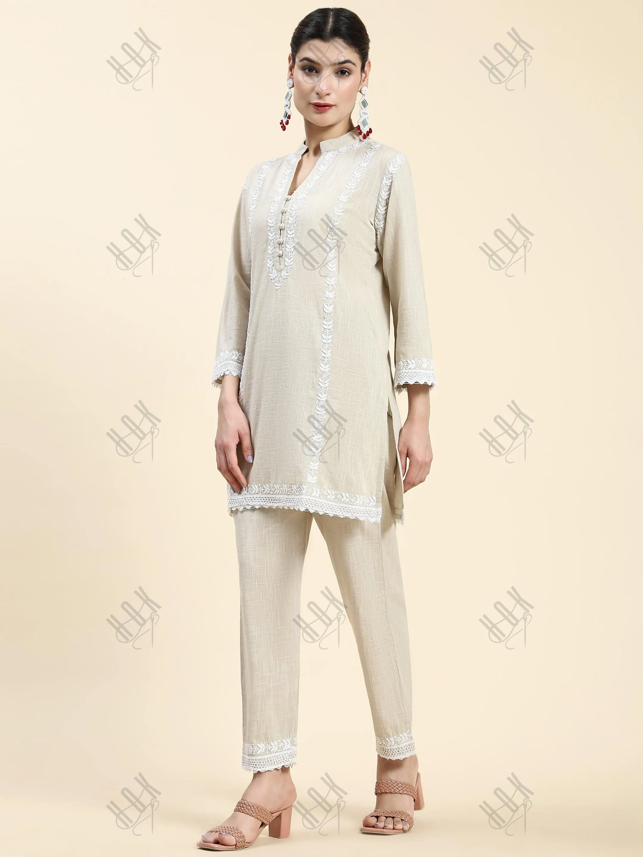 Samma Chikankari CO-ORD Set In  for Women In Beige