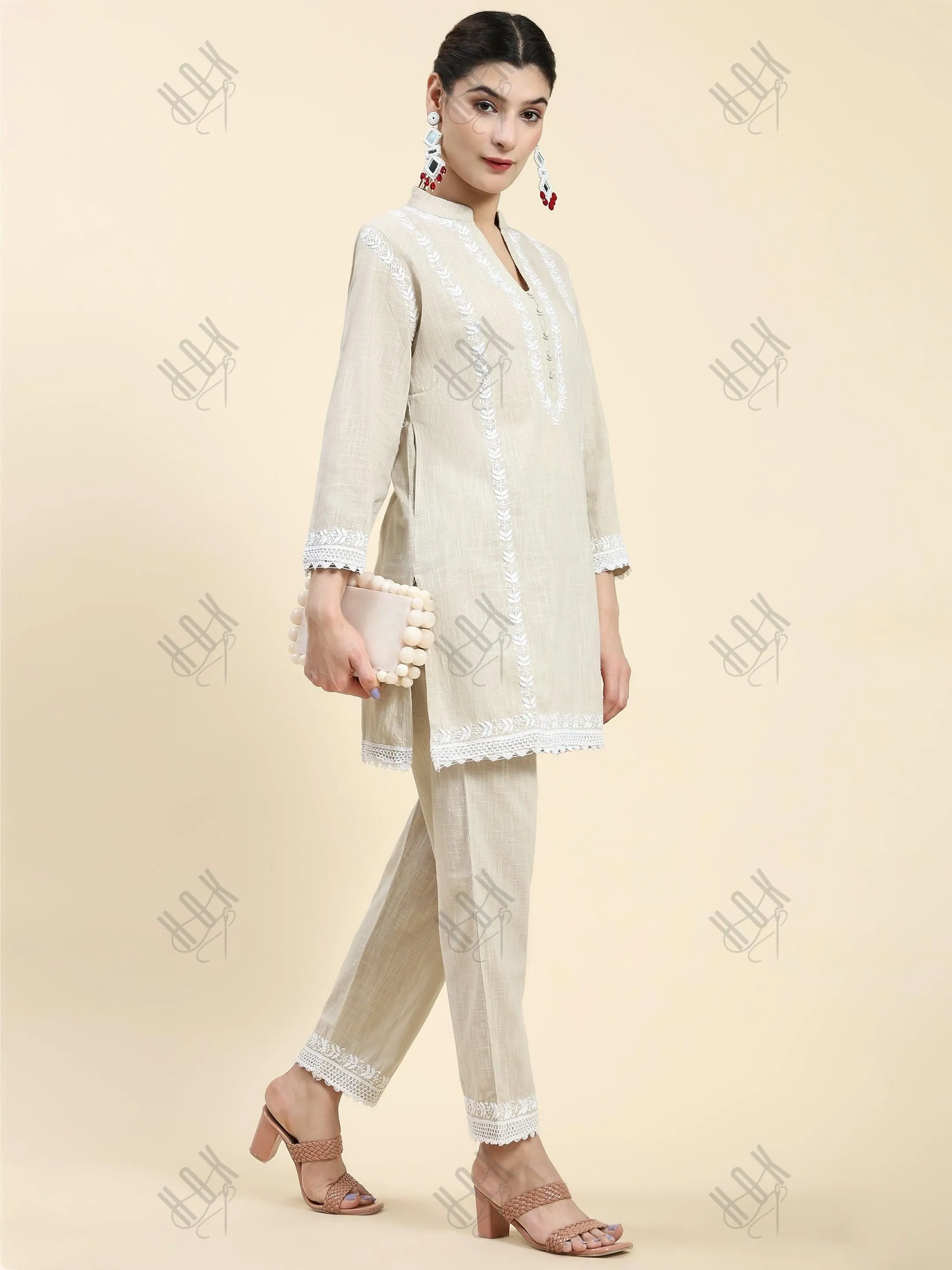 Samma Chikankari CO-ORD Set In  for Women In Beige